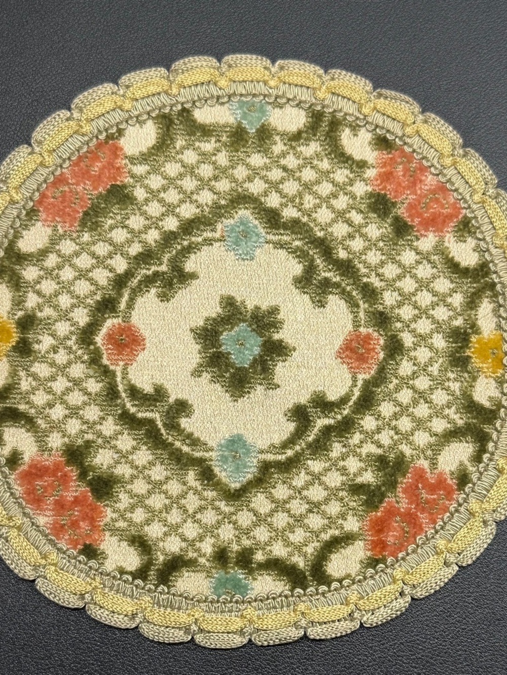 Tapestry Doily 7.5" Round Floral Medallion w Scalloped Edge Mid Century Belgium